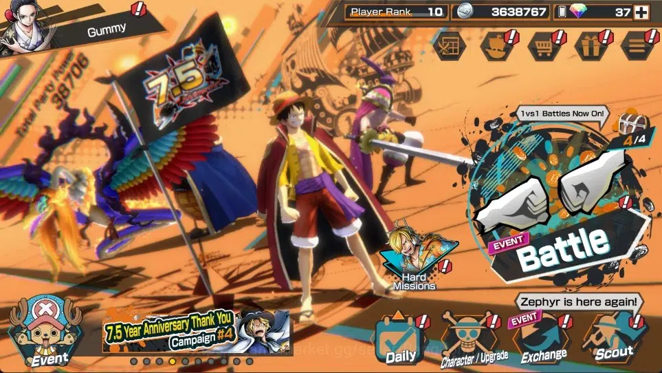 One Piece Bounty Rush Accounts High-End Android|EX 4|2 Max|PR 10|Gol D. Roger,Zephyr,St. Marcus Mars Max,Monkey D. Luffy 1