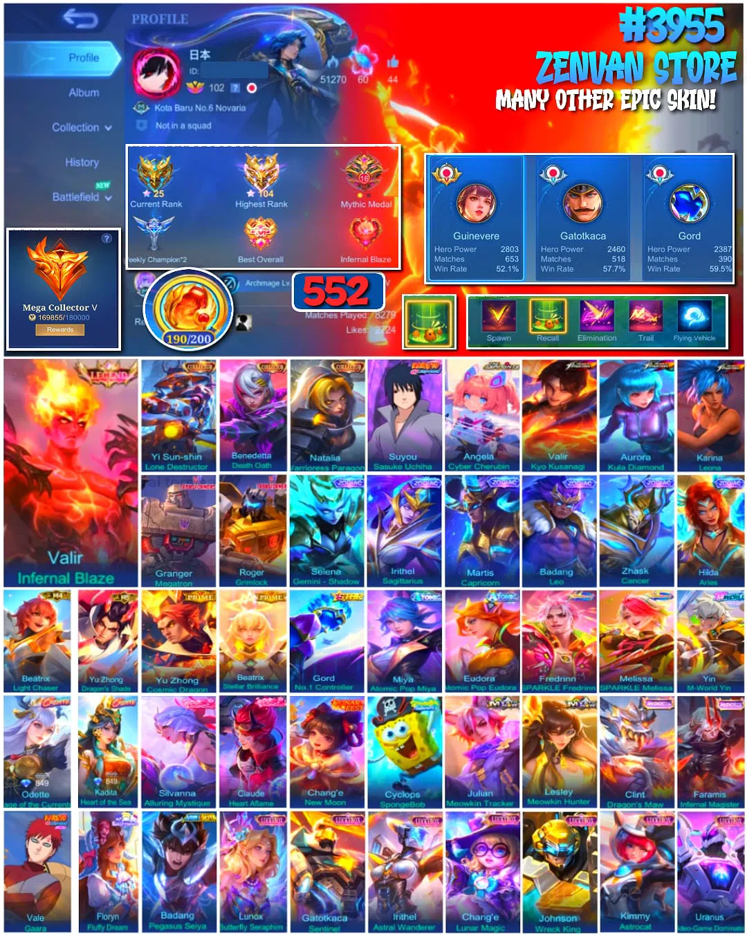 Mobile Legends: Bang Bang Accounts #3955 | 552 Skins | Legend Valir | Collector Yin Shun Shin, Benedetta & Natalia | Sasuke 1