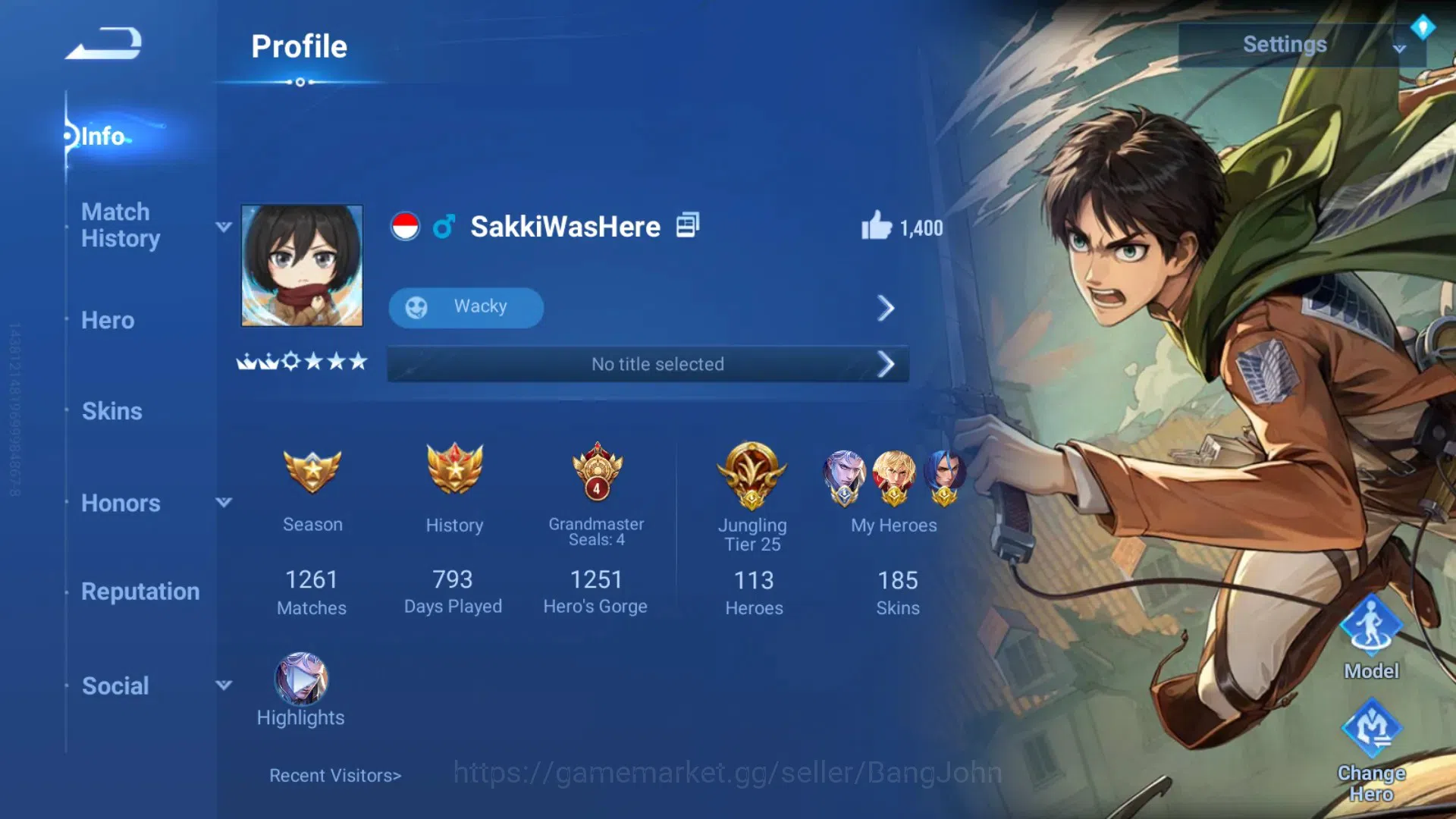 Honor of Kings Accounts Rare Skin Global | 113H 185S | Collab:AOT Eren|2 LOM|4 Limited|5 Legend|KIC Luna|1 LNY| TakeMail 1