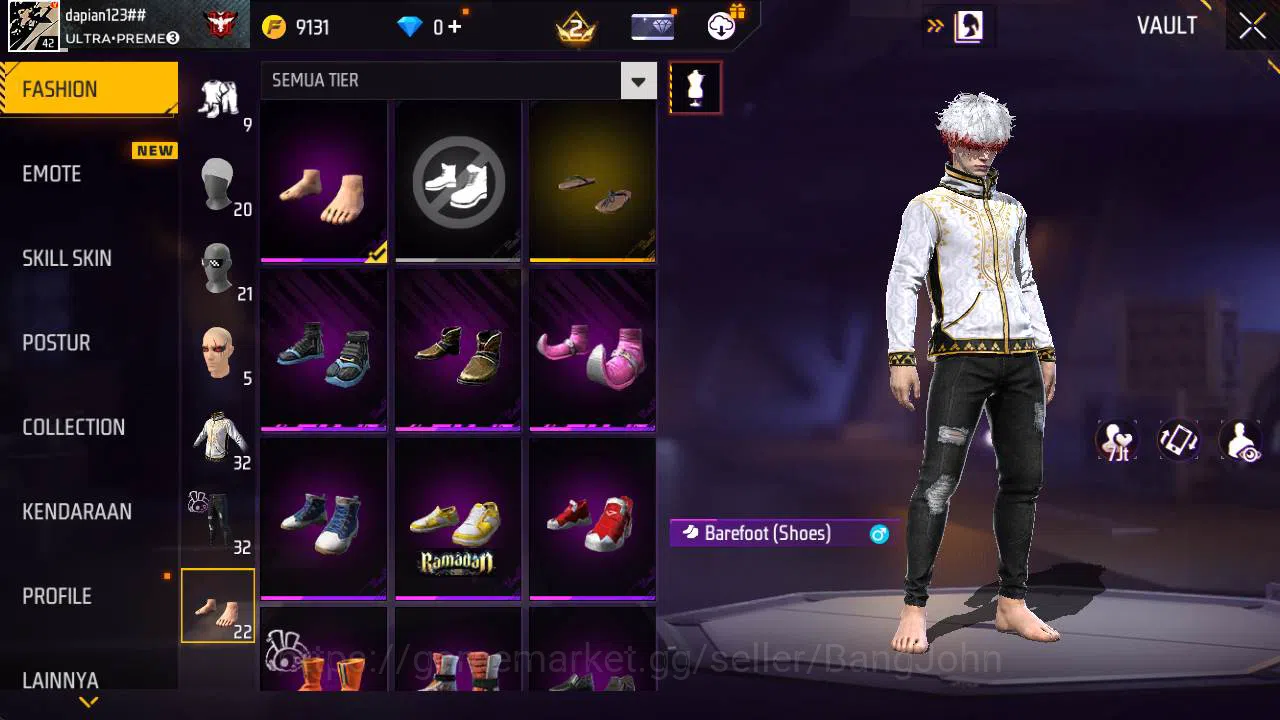 Free Fire Accounts Vault 32 | polosan SG lumut, Topeng joker, kaki nyeker FF598B 10