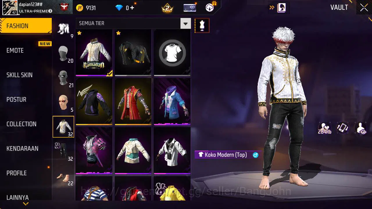 Free Fire Accounts Vault 32 | polosan SG lumut, Topeng joker, kaki nyeker FF598B 8