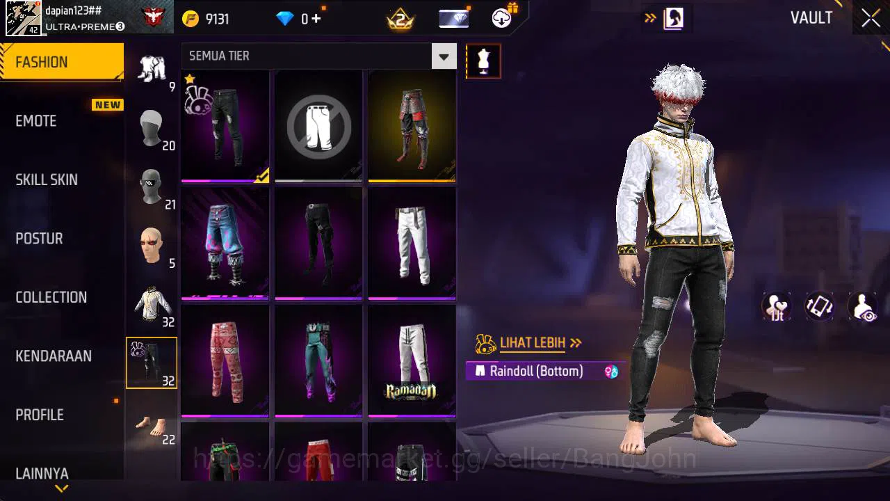 Free Fire Accounts Vault 32 | polosan SG lumut, Topeng joker, kaki nyeker FF598B 9