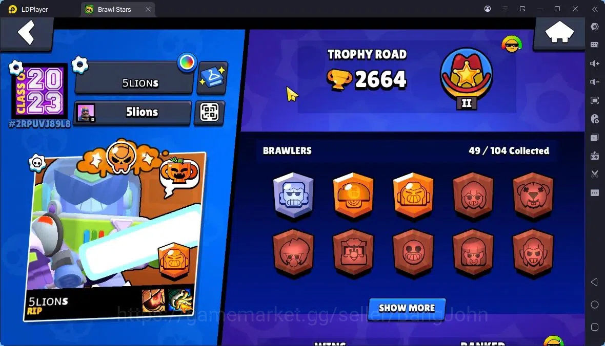 Brawl Stars Accounts Thropy 2664|49Brawler|3Max,6MaxHC|2 Hypercharge,2 Legend,4 Mythic,17 Epic Skin|20568 Bling|315 2
