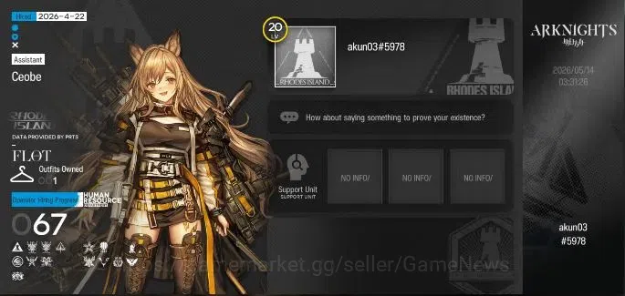 Arknights Accounts High-End Lv 20|67 Op+1 Outfits| 5 6*Op | Pramanix the Prerita,Typhon,Exusiai,Ceobe,SilverAsh |Terminal 1
