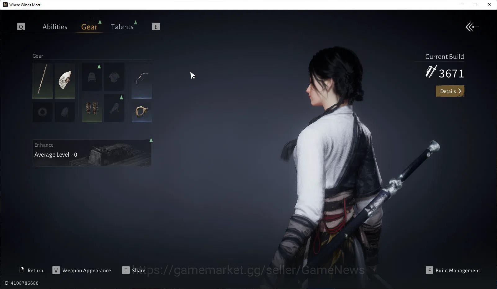 Where Winds Meet Accounts GLOBAL|Lv 5| Starter |GS 3671|1 Harmonic Core Panacea Fan + Nameless Sword|Low Explore|Female 8