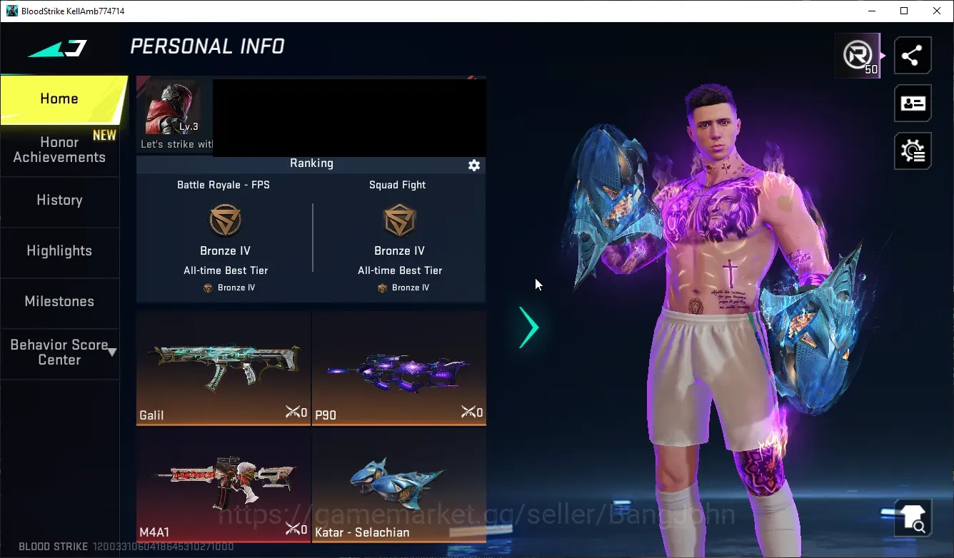 Blood Strike Accounts Others ASIA | 1 ULTRA MELEE:Katar|1 AOT M4A1|2 ULTRA GUNS:P90,Galil|1 ENZO Striker|2 ULTRA 1