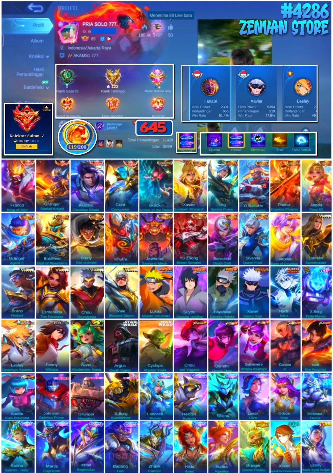 Mobile Legends: Bang Bang Accounts #4286 645 Skins | Alucard Obsidian Blade (LEGEND) | Granger Starfall Knight (LEGEND 1