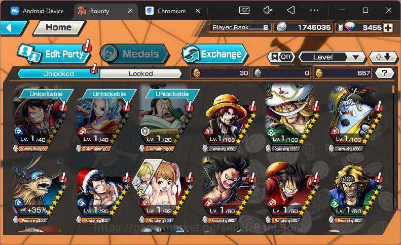 One Piece Bounty Rush Accounts Others GLOBAL|RD 3455|Captain Shank,Jinbei,Tony Chopper,Edward Newgate,etc|Take mail|check 5