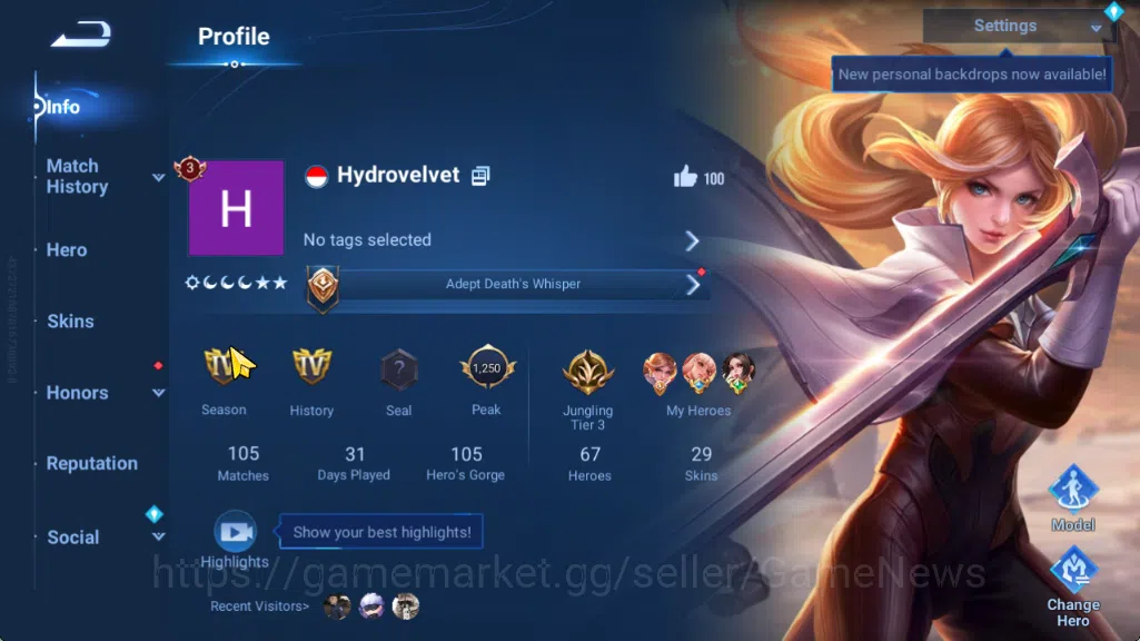 Honor of Kings Accounts Hero67 Skin29|KIC Luna,2Legend(ConsortYu,DeRenjie) image 2