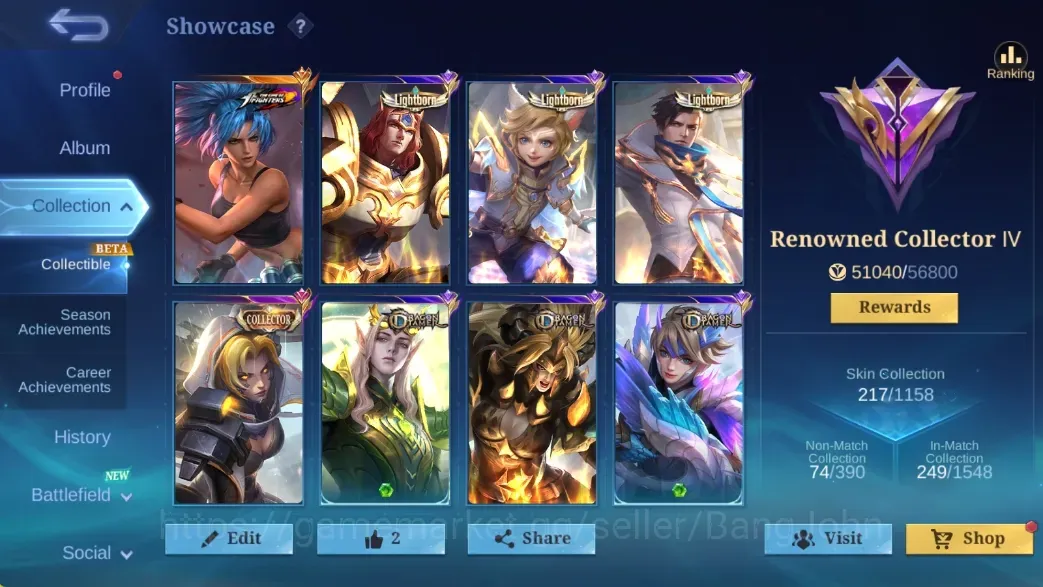 Mobile Legends: Bang Bang Accounts Collector Global|126H 217S|Exalted|KOF Karina|Collector Natalia|3 Lightborn|3 Dragon 1