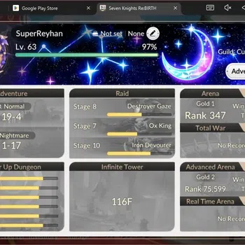 Seven Knights Re:Birth Accounts Global | 2 EX7 (Melia, Gelidus) | 4 TC6 (Kyle, Vanessa, Teo, Pascal)| Ruby 1K | Netmarble