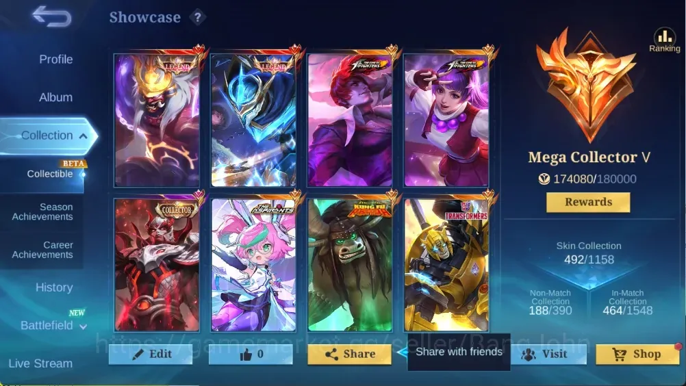 Mobile Legends: Bang Bang Accounts Collector Global|138H 492S|Mega|2 Legend|KOF: Chou,Guinevere|Trnsformer X.Borg|Aspirant 1