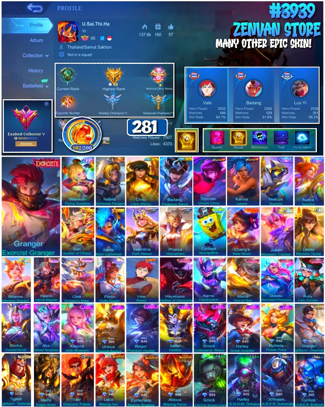 Mobile Legends: Bang Bang Accounts #3939 | 281 Skins | Collector Natalia | Exorcist Granger | Saint Seiya Badang & Chou 1