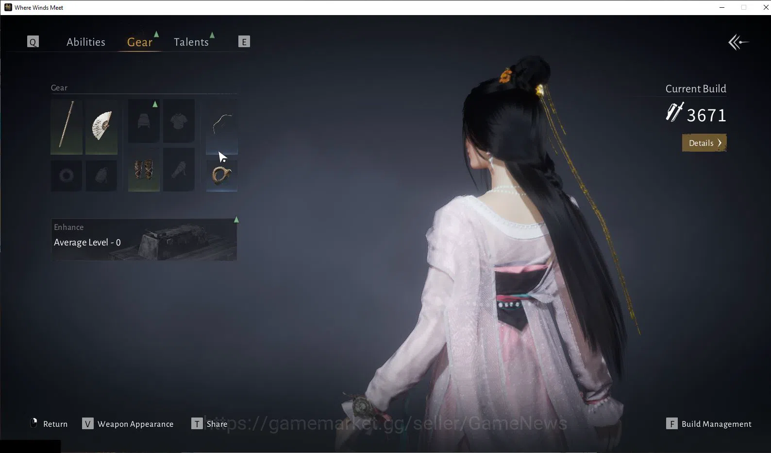 Where Winds Meet Accounts GLOBAL|Lv 5|Starter|GS 3671|1 Harmonic Core|Nameless Sword + Panacea Fan|Low Explore|Female 10