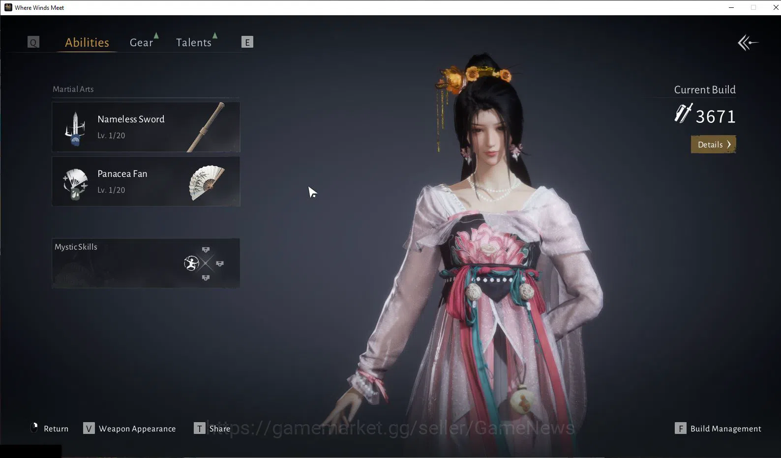 Where Winds Meet Accounts GLOBAL|Lv 5|Starter|GS 3671|1 Harmonic Core|Nameless Sword + Panacea Fan|Low Explore|Female 3