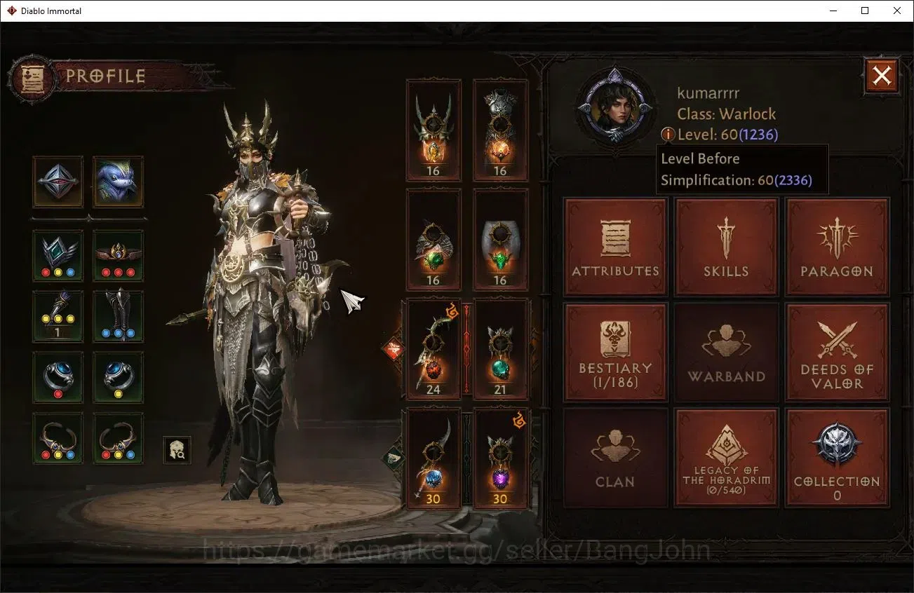 Diablo Immortal Accounts Others SA Brazil - Malah|60(1236)Warlock-Slayer|CR 52837|Reso 510|Inverno 5|Lv.30 Myrrjen|CS 1
