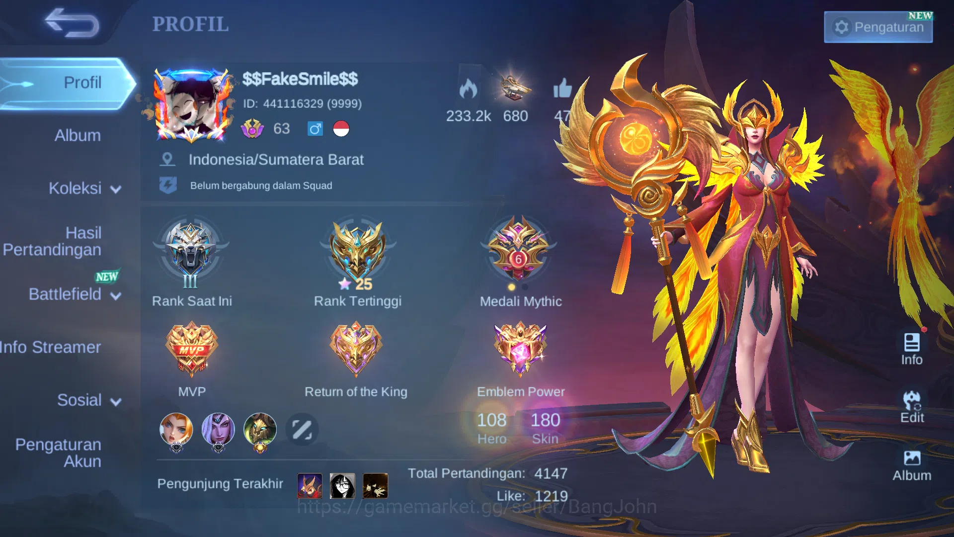 Hero 108 | Skin 180 | Collector Pharsa | Luckybox Guinevere, Odette | Kof Karina | Epic Gusion, Lunox ~ ML1031B Mobile Legends: Bang Bang Others Hero 108 | Skin 180 | Collector Pharsa | Luckybox image 1
