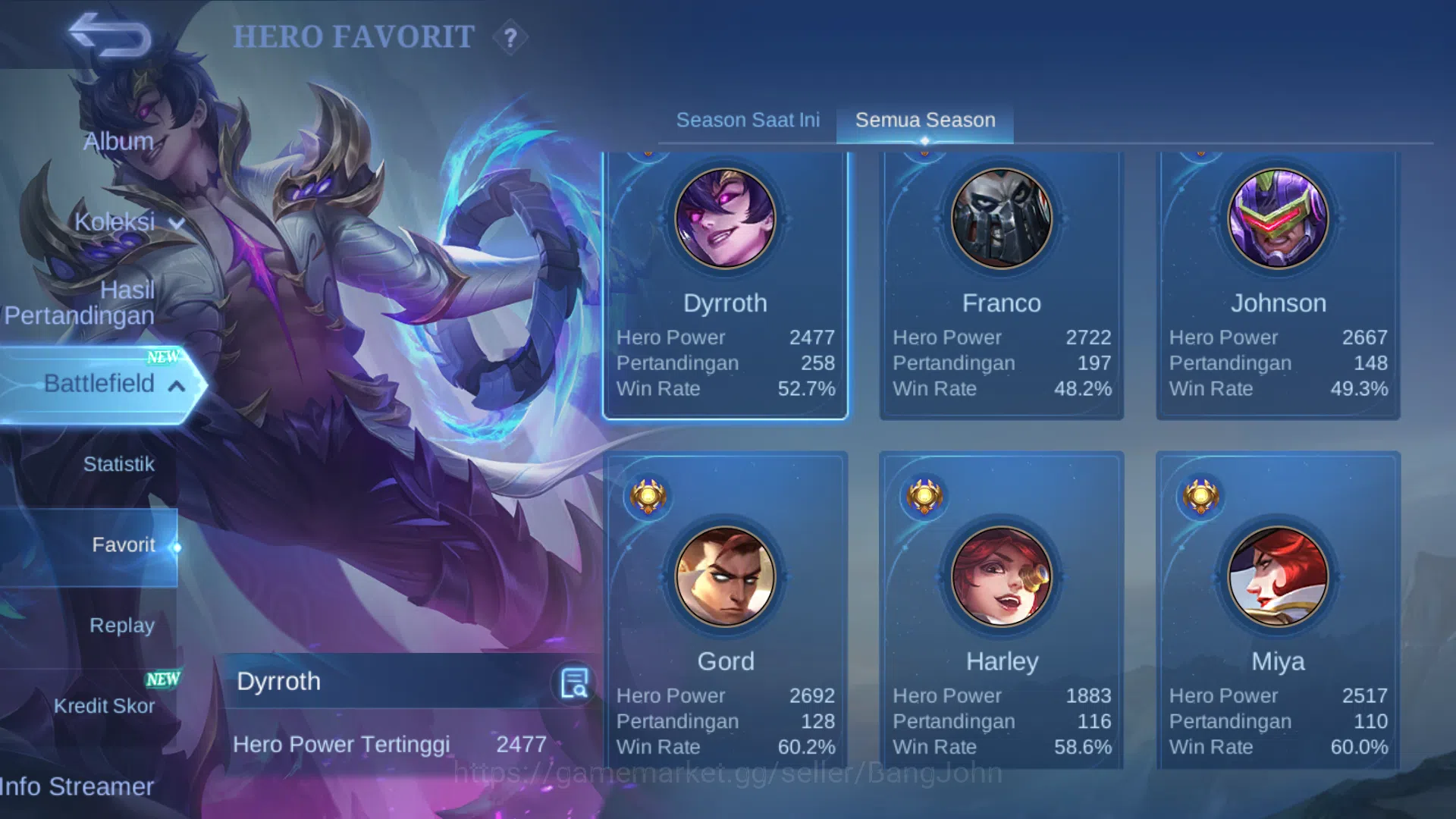 Mobile Legends: Bang Bang Accounts Others Hero 108 | Skin 180 | Collector Pharsa | Luckybox Guinevere, Odette | Kof Karina 16