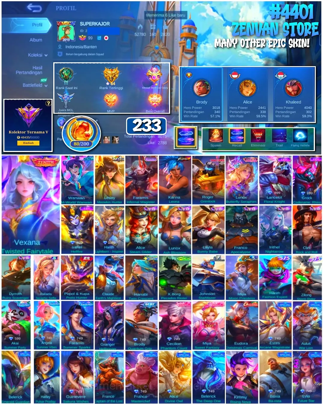Mobile Legends: Bang Bang Accounts #4401 233 Skins | Vexana Twisted Fairytale (ZENITH) | Karina Leona (KOF) | Roger Grimlock 1