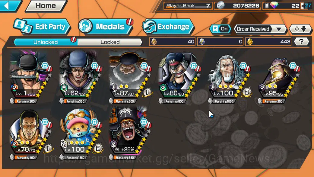 One Piece Bounty Rush Accounts Starter Global|5 EX|Onigashima Zoro,BP Kuzan,5Elders Saturn,[Borsalino],4Emperor Teach|Rank 3