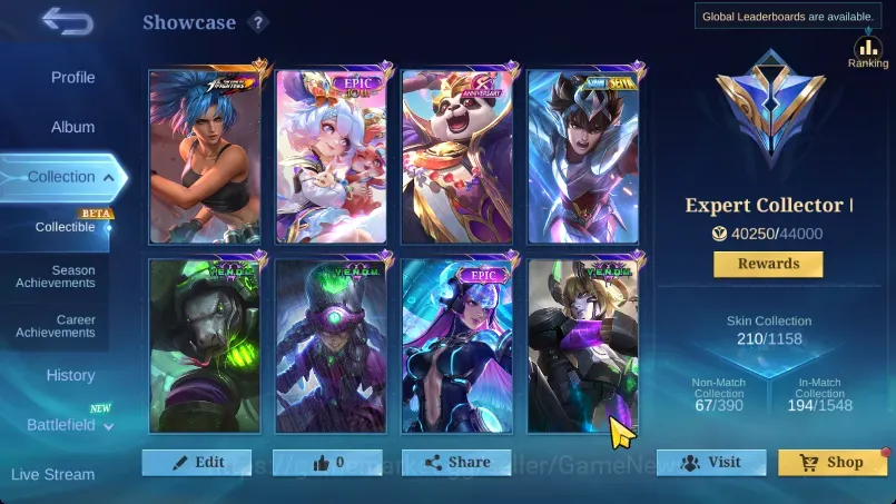 Mobile Legends: Bang Bang Accounts Collector Hero 127|Skins 210|Ex Glory 50|Emblem MAX|KOF Karina,Pegasus 1