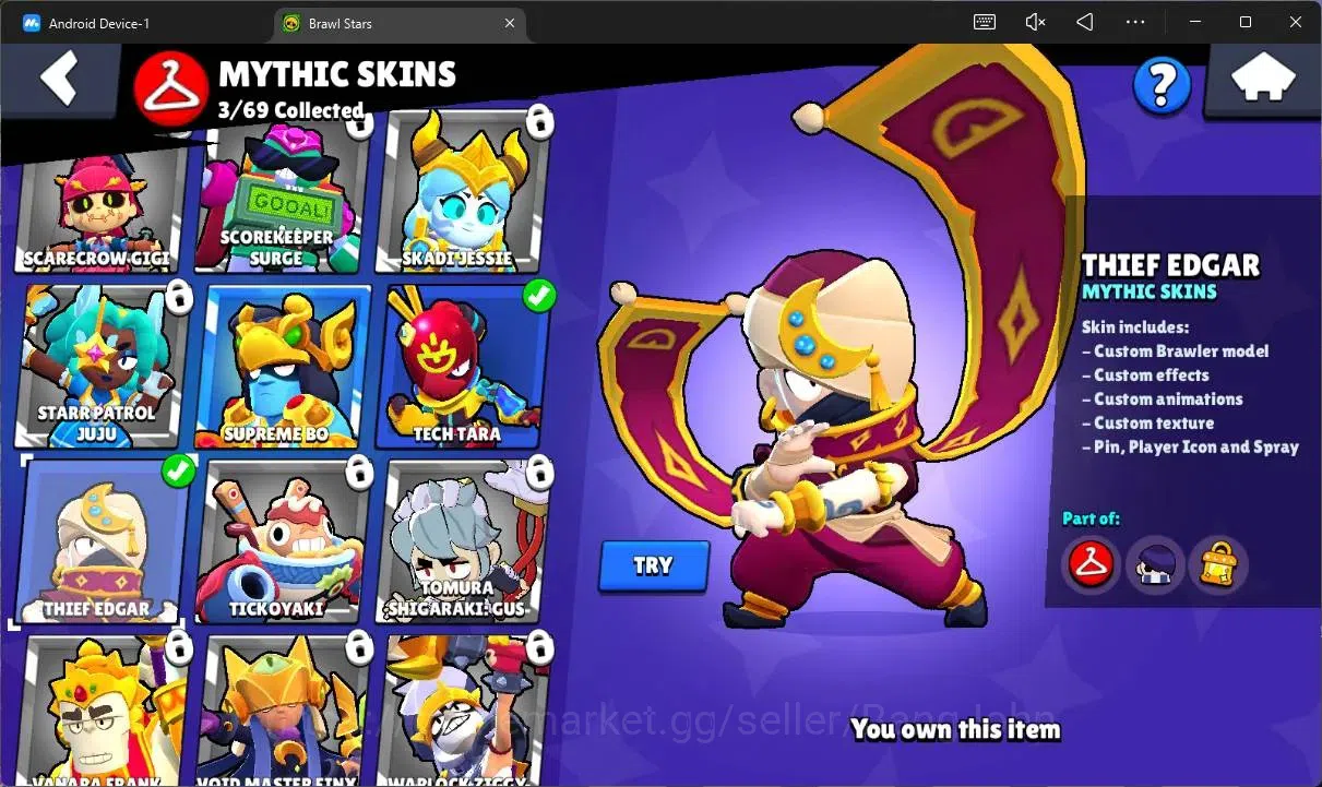 Brawl Stars Accounts Thropy 619|12 Brawler|1 Max HC(Shelly)|3 Mythic(Otis,Tara,Edgar),2 Epic(Edgar,Shelly)|2776 B|ProtectOff 12