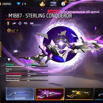 Free Fire Accounts Indonesia | 3 Evo Gun: M1887 Sterling Conqueror Lv.7 | M1887: Golden Glare,3 More | Electrify Bunny BP