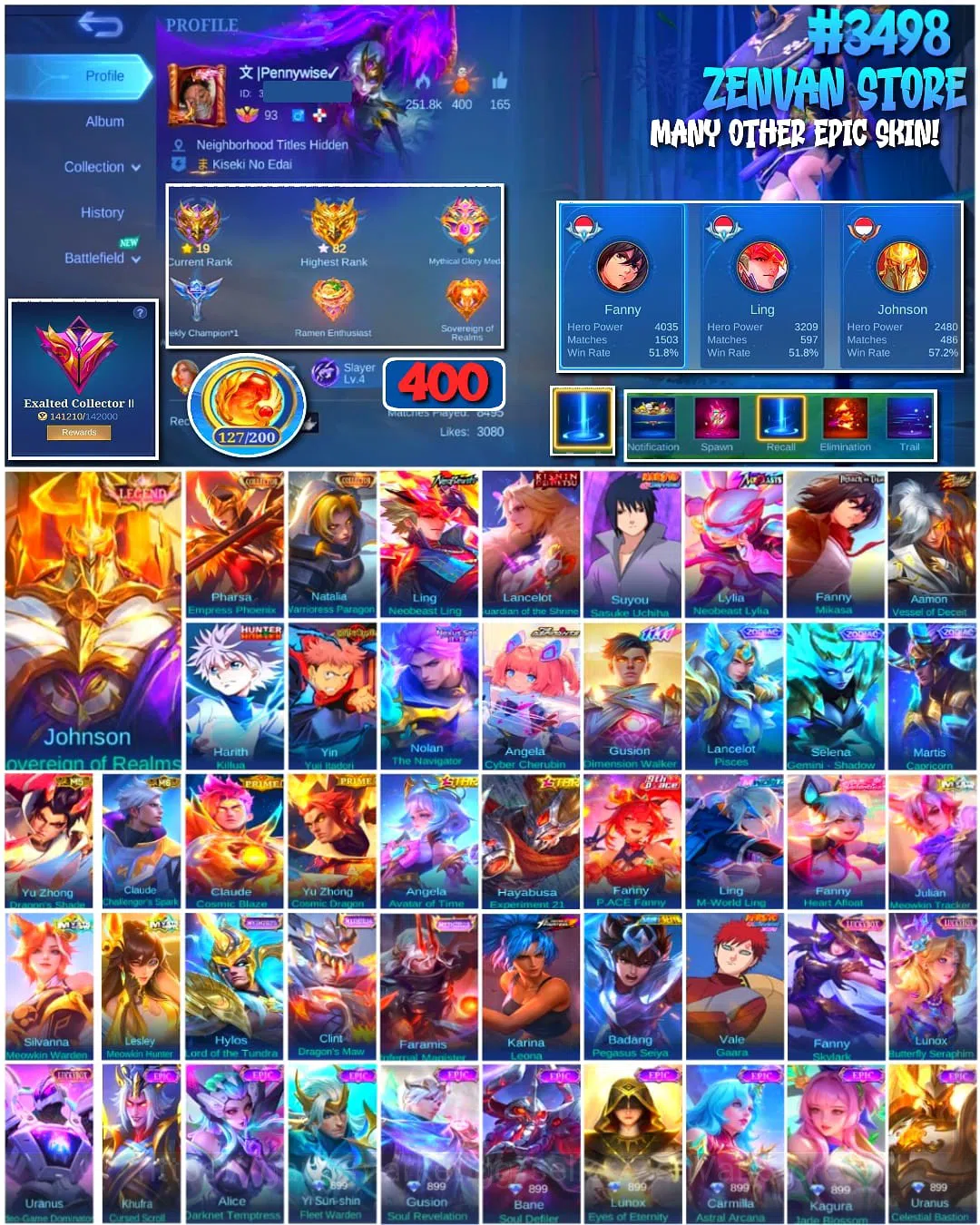 Mobile Legends: Bang Bang Accounts #3498 400 Skins | Legend Johnson | Collector Phars image 1