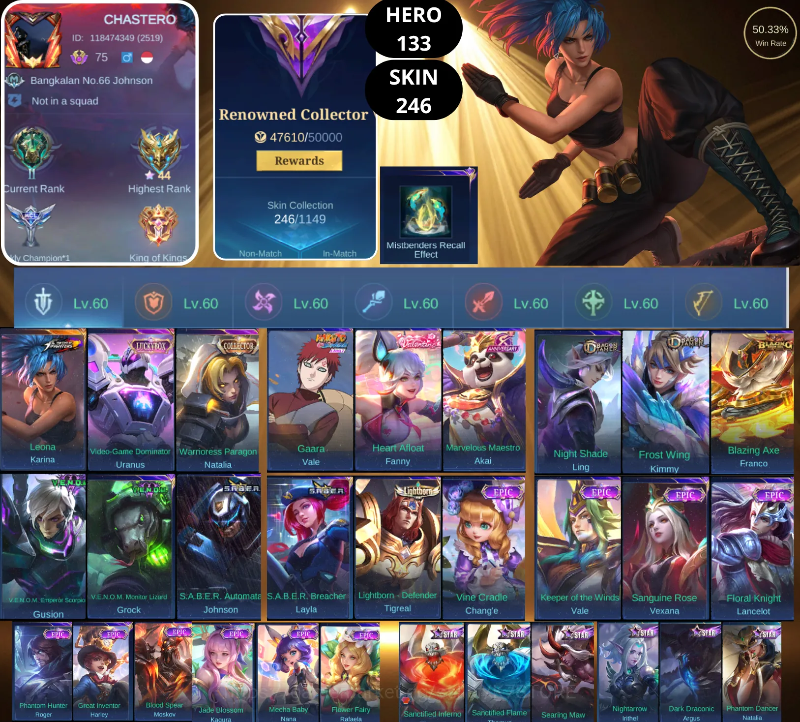 Mobile Legends: Bang Bang Accounts Rare Skin BEST OFFER | HERO 133 | SKIN 246 | LEONA KARINA | VIDEO-GAME DOMINATOR URANUS 1