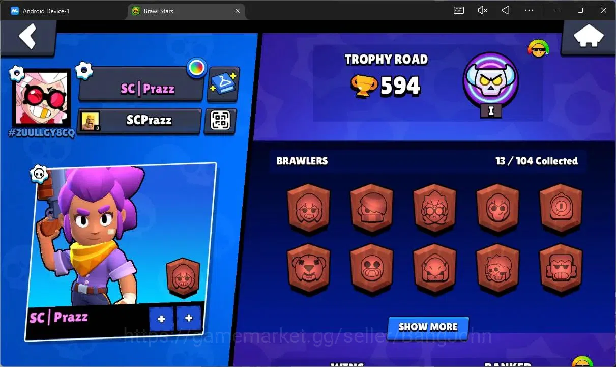 Brawl Stars Accounts Trophy 594|13 Brawler|1 Max HC(Shelly)|1 Mythic(Otis),2 Epic(Edgar,Frank),1 SuperRare(Frank)|2913 2