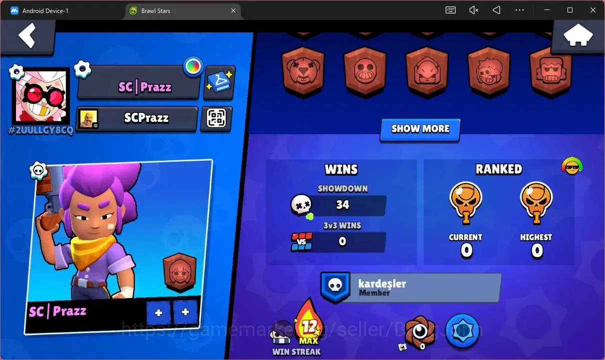 Brawl Stars Accounts Trophy 594|13 Brawler|1 Max HC(Shelly)|1 Mythic(Otis),2 Epic(Edgar,Frank),1 SuperRare(Frank)|2913 3