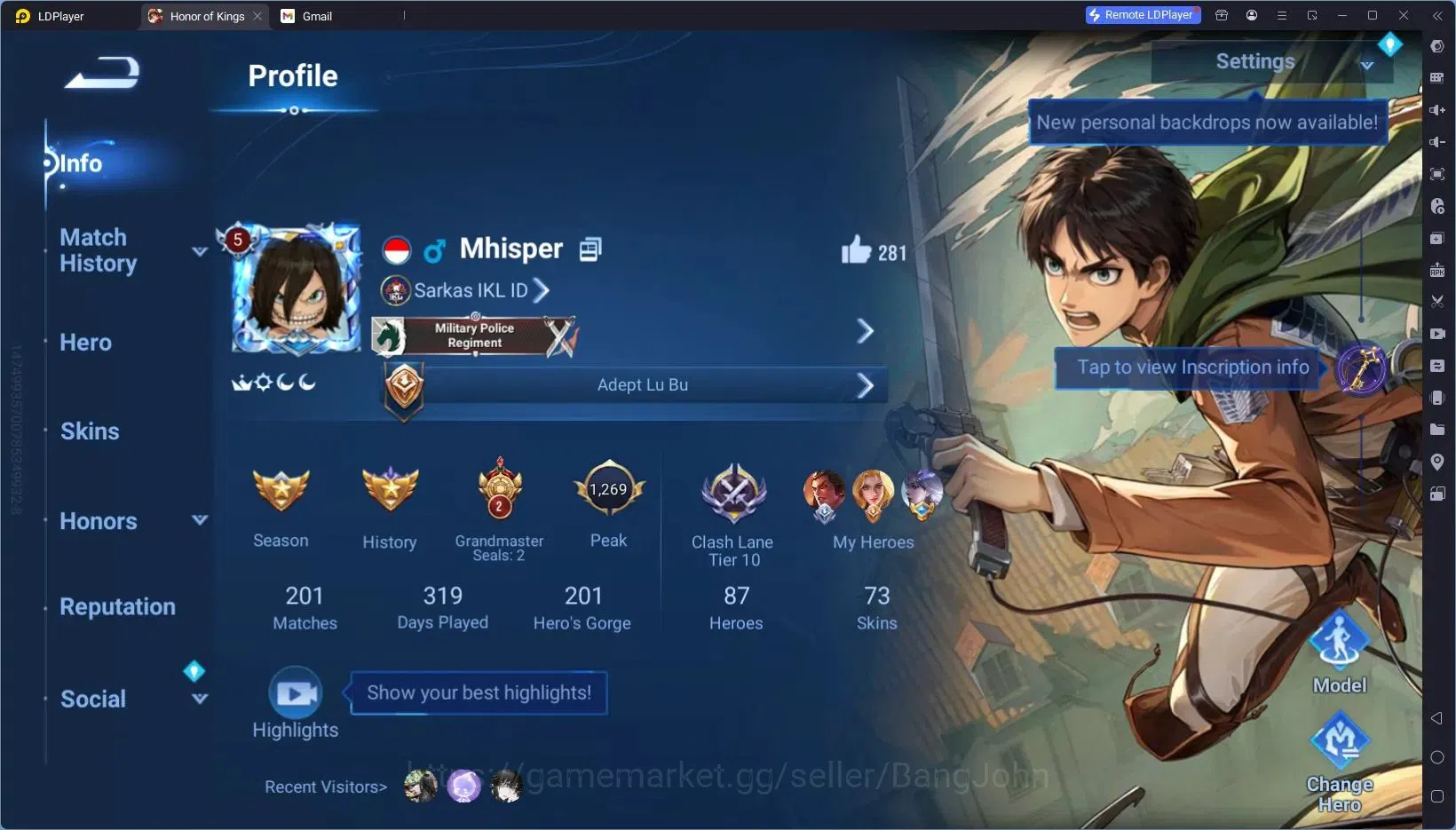 Honor of Kings Accounts Global | 87H 73S | MYTHIC Lu Bu, LNY Guan Yu, Lege image 16