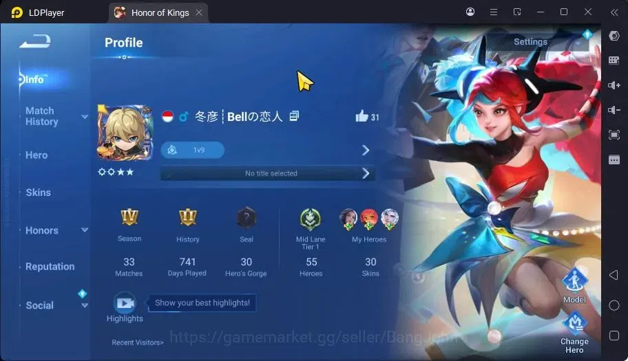 Honor of Kings Accounts Global | 55H 30S | LEGEND Lady Sun,Angela & Many E image 1