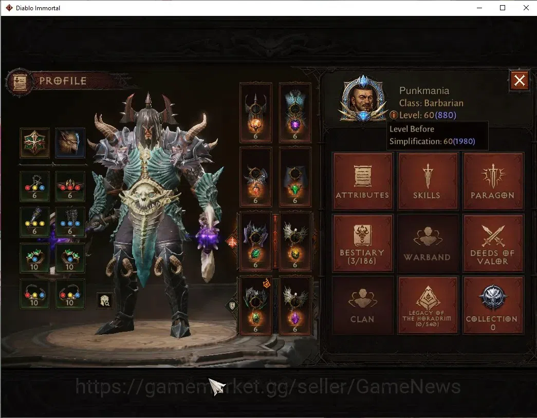 Diablo Immortal Accounts High-End SEA - Verathiel|CS ON|Lv60(880)Barbarian|44k CR|Reso 450|Paragon Vanquisher|Inferno 3