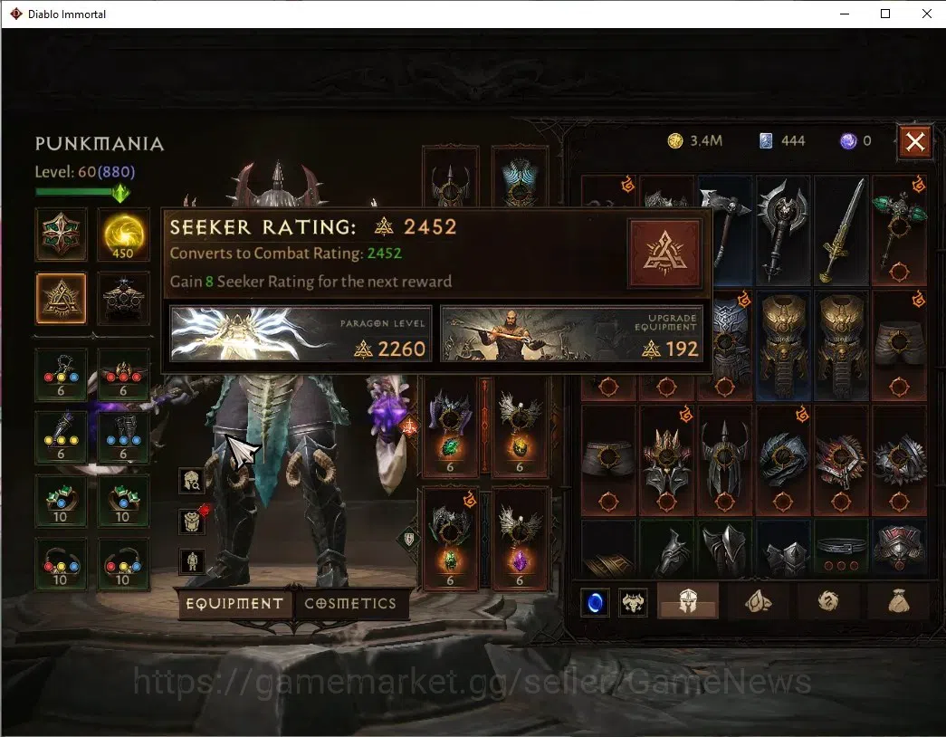 Diablo Immortal Accounts High-End SEA - Verathiel|CS ON|Lv60(880)Barbarian|44k CR|Reso 450|Paragon Vanquisher|Inferno 5