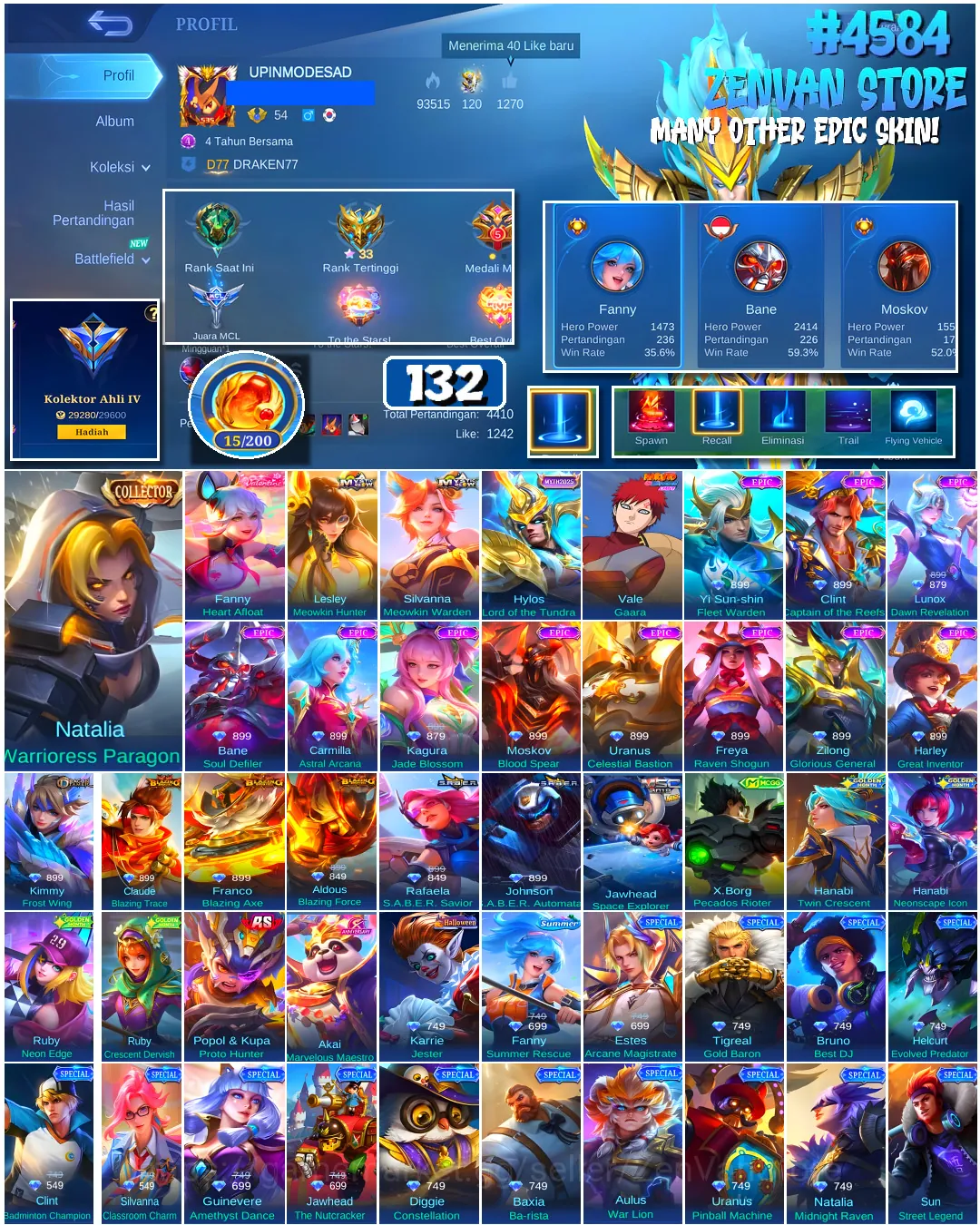 Mobile Legends: Bang Bang Accounts #4584 132 Skins | Vale Gaara (NARUTO) | Natalia Warrioress Paragon (COLLECTOR) | Bane 1