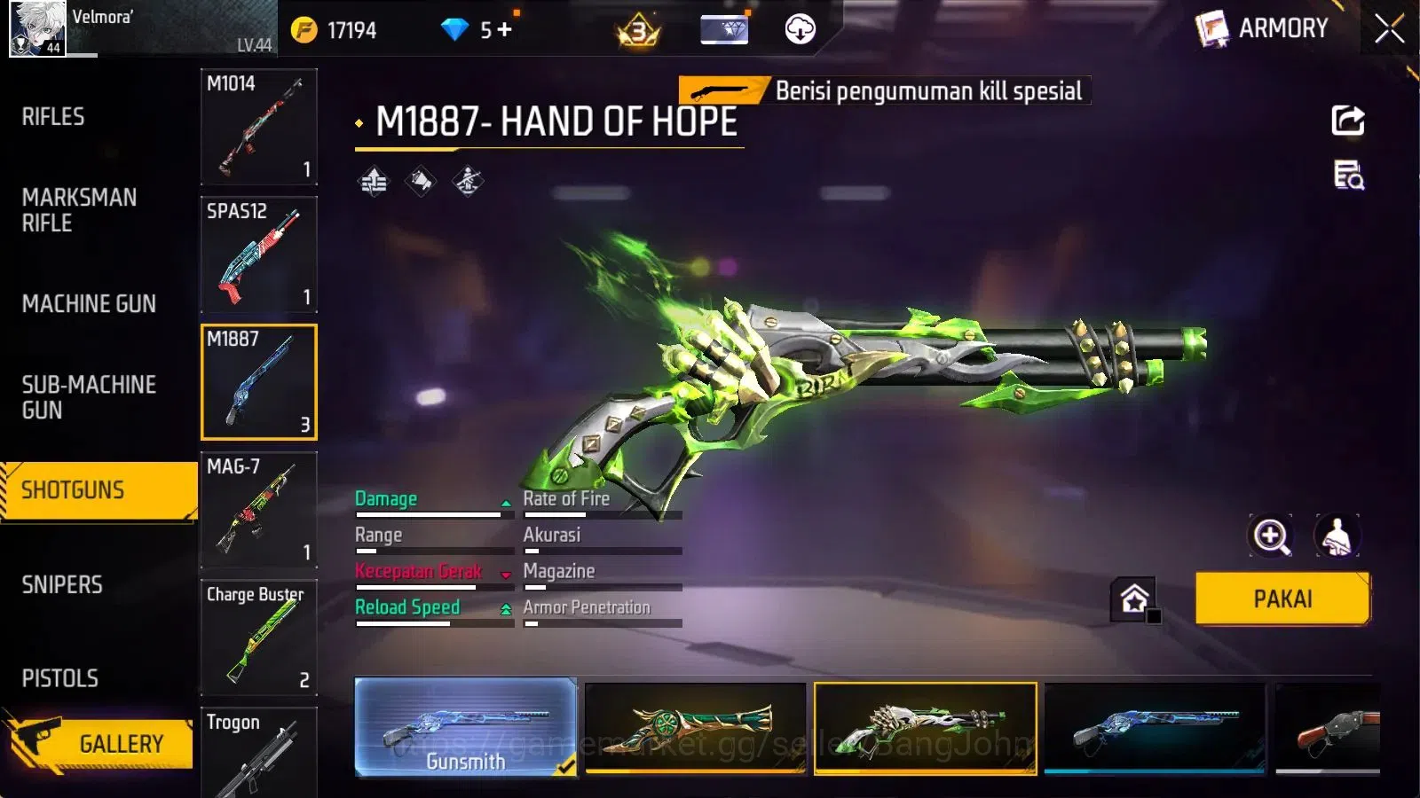Free Fire Accounts Indonesia | M1887 Emerald Power,Hand of Hope | Vau image 2