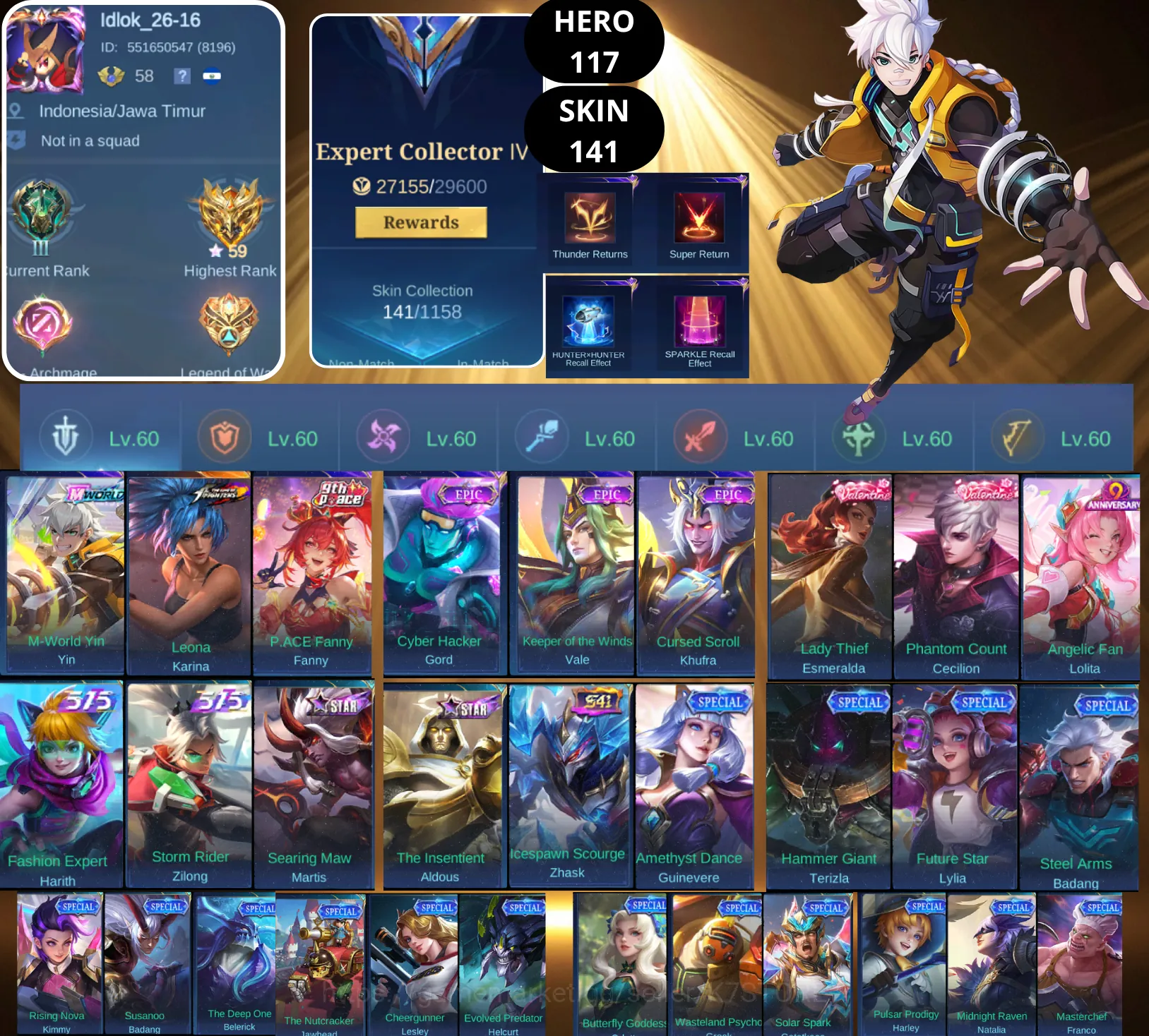 Mobile Legends: Bang Bang Accounts Smurf BEST OFFER | HERO 117 | SKIN 141 | YIN M-WORLD | KARINA KOF | FANNY P.ACE | GORD 1