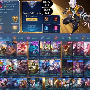 Mobile Legends: Bang Bang Accounts Smurf BEST OFFER | HERO 117 | SKIN 141 | YIN M-WORLD | KARINA KOF | FANNY P.ACE | GORD