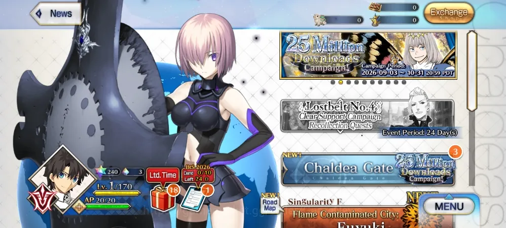 Fate-Grand Order Accounts NA Starter Fuyuki Lvl 1 |240 Saint Quartz|1 SSR Servant| ( Oberon ) |33 Golden Apple|Birthday 1